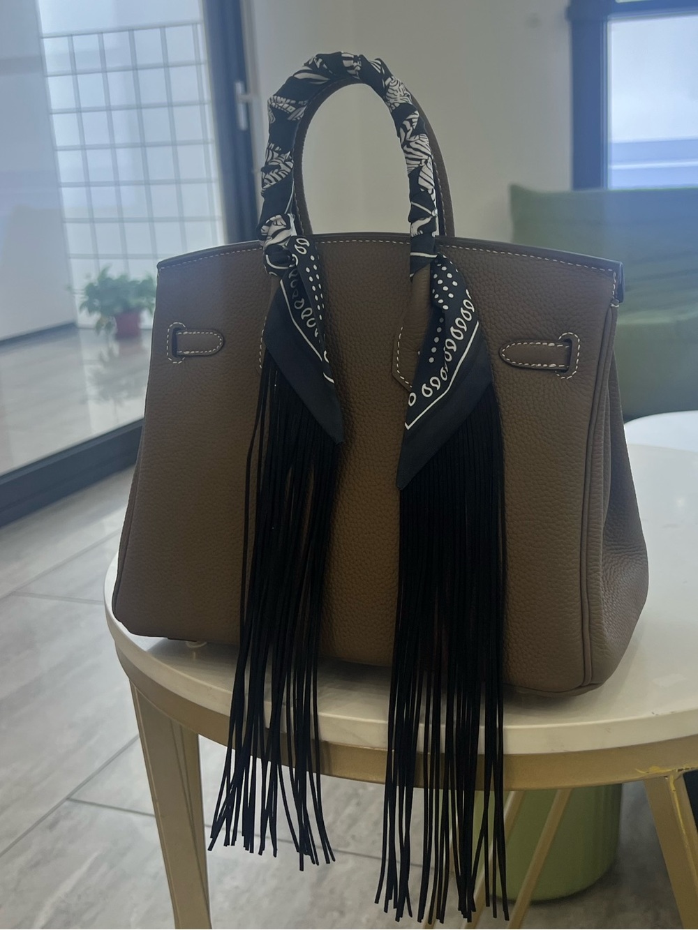 Elegant Taupe Women’s Tote Bag with Black Fringe Accent